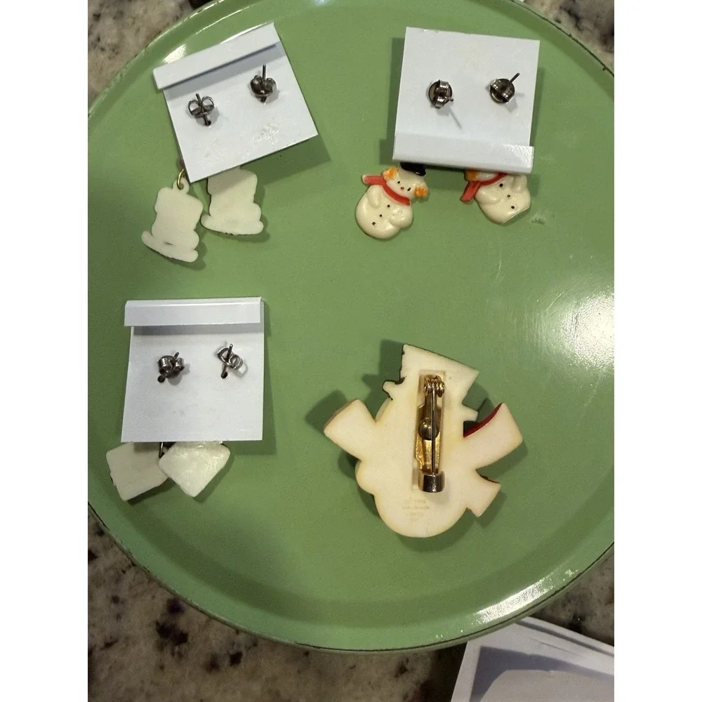 Vintage Christmas Earrings & Snowman Brooch Set Made in Taiwan
